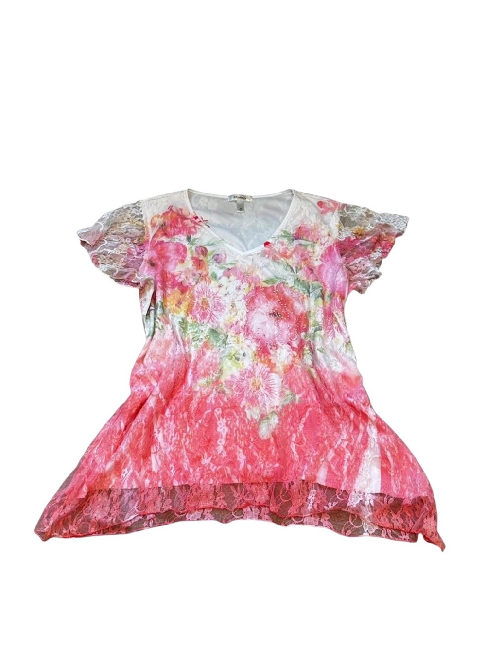 Dressbarn Pink Floral Lace Overlay Top Asymmetric Rhinestones Fairycore Ethereal